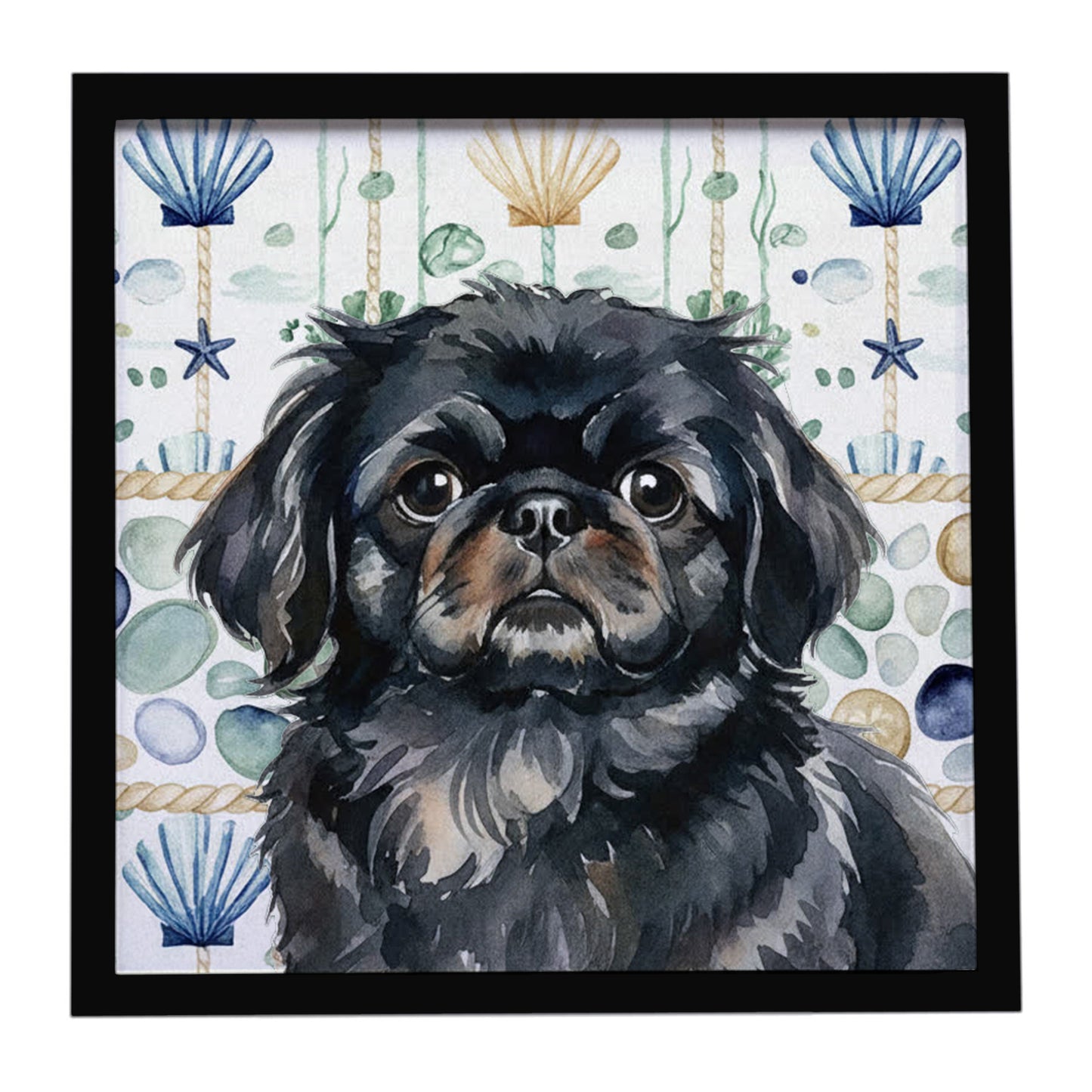 Buy this Black Pekingese Coastal Sea Glass Framed Metal Print