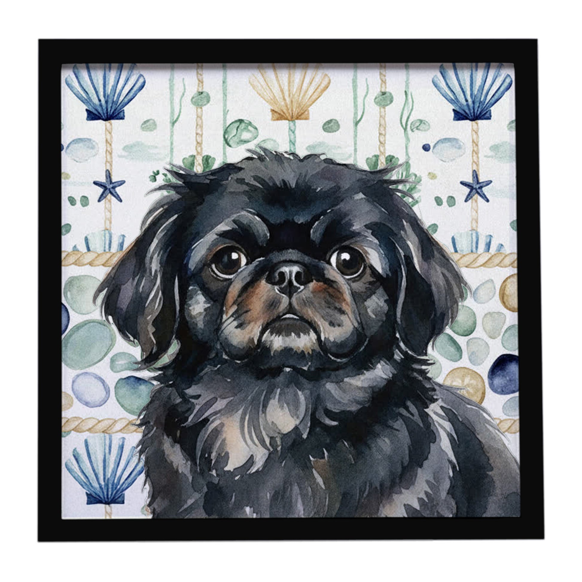 Buy this Black Pekingese Coastal Sea Glass Framed Metal Print