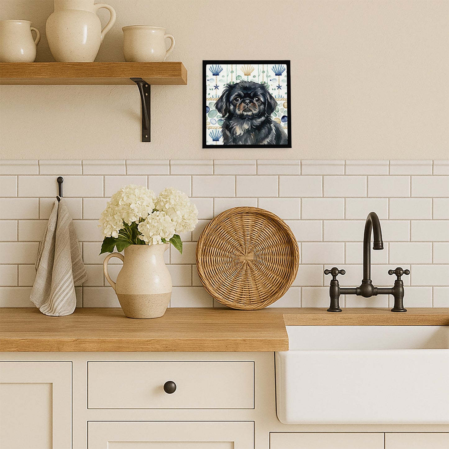 Black Pekingese Coastal Sea Glass Framed Metal Print