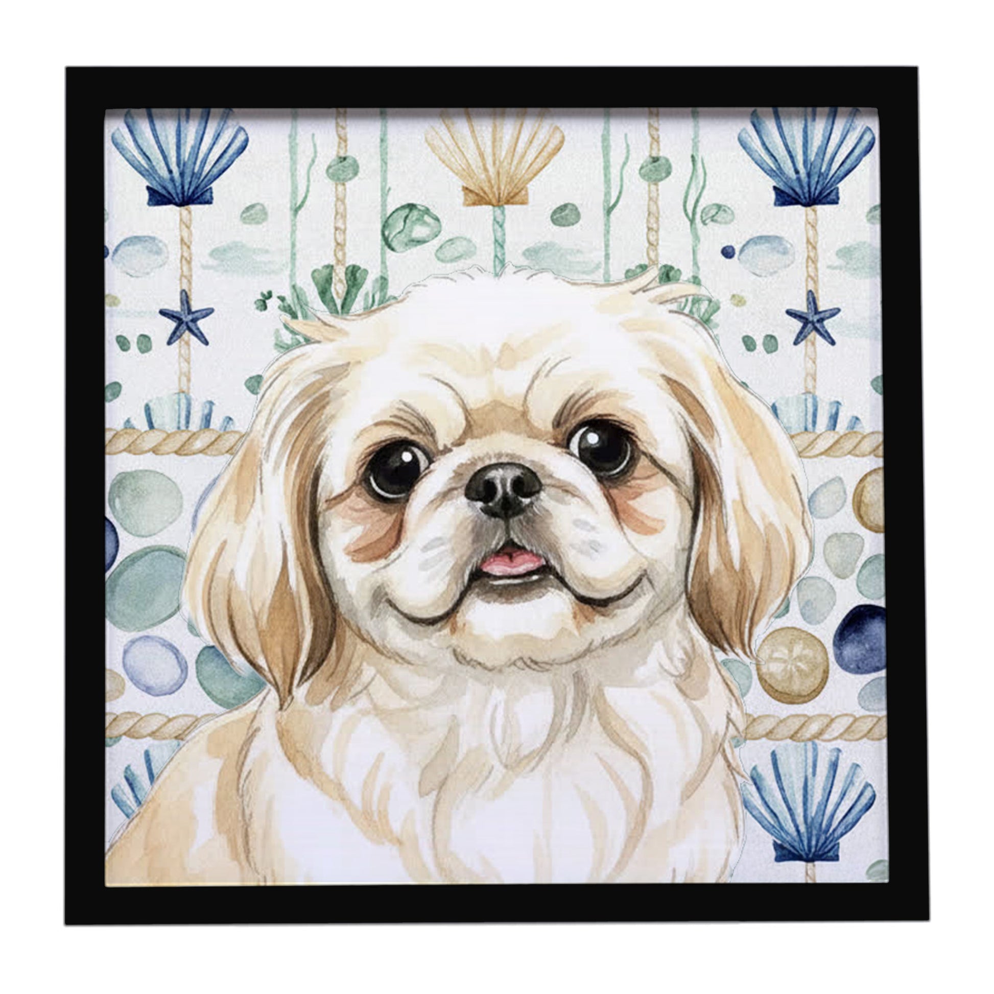 Buy this Cream Pekingese Coastal Sea Glass Framed Metal Print