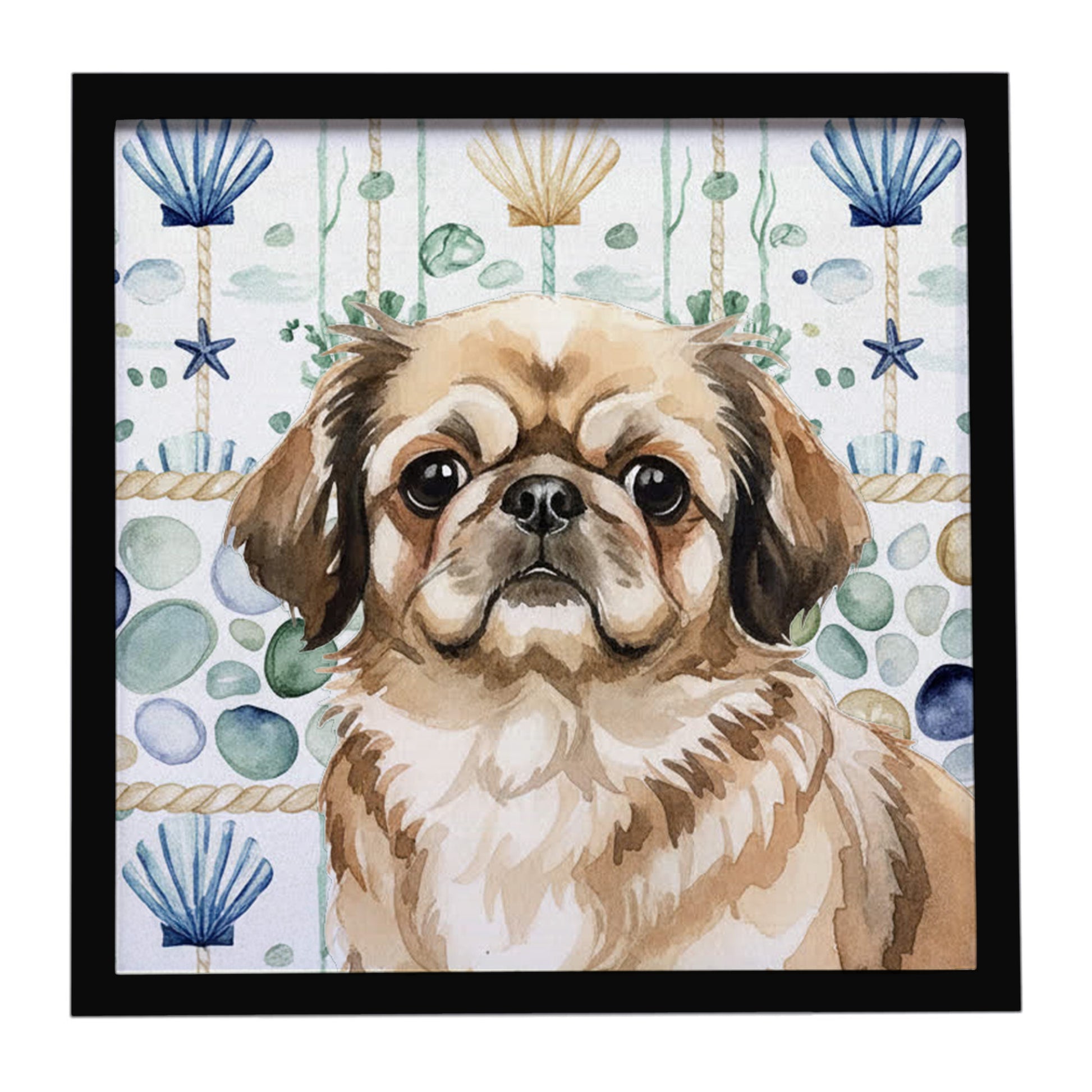 Buy this Sable Pekingese Coastal Sea Glass Framed Metal Print
