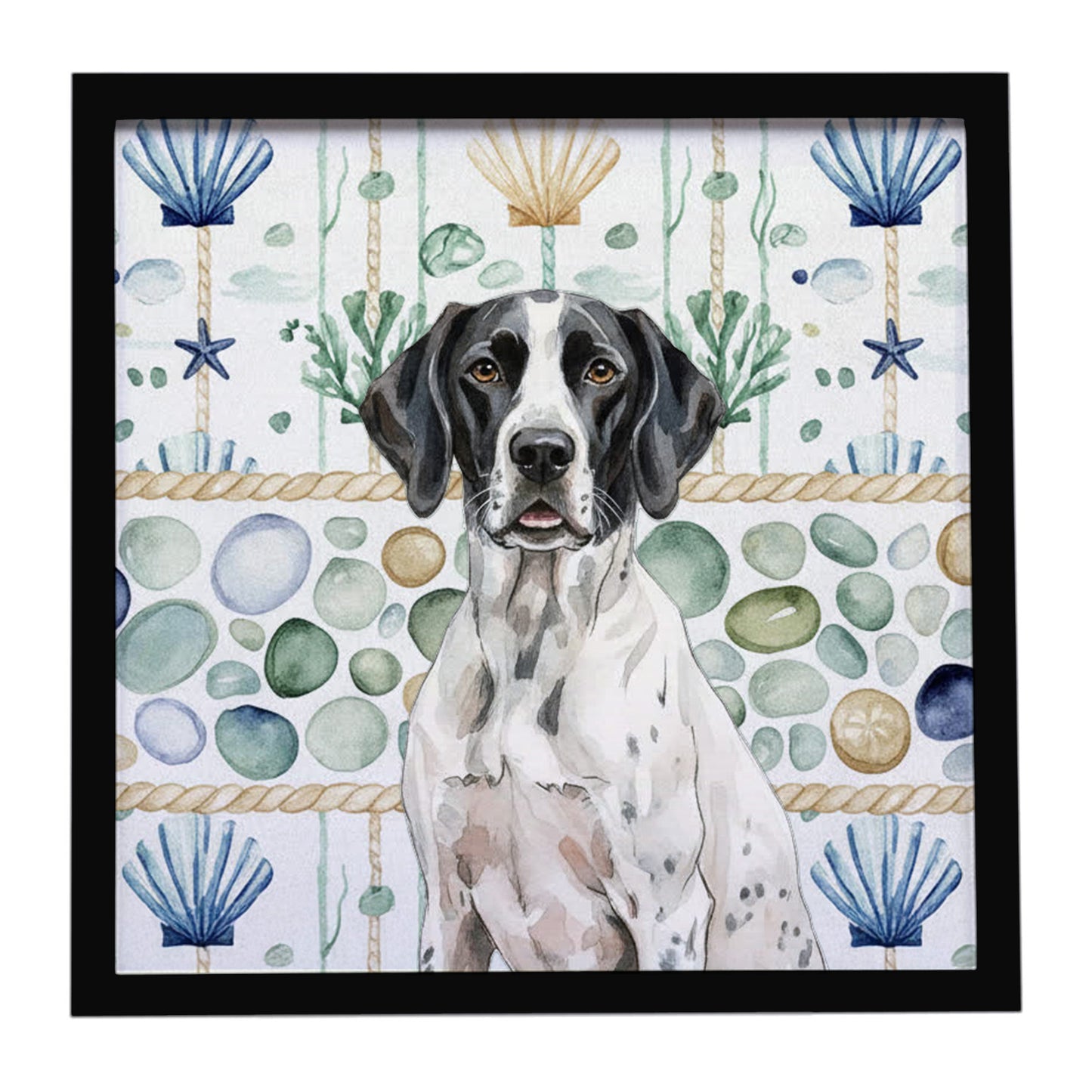 Buy this Black and White Pointer Coastal Sea Glass Framed Metal Print