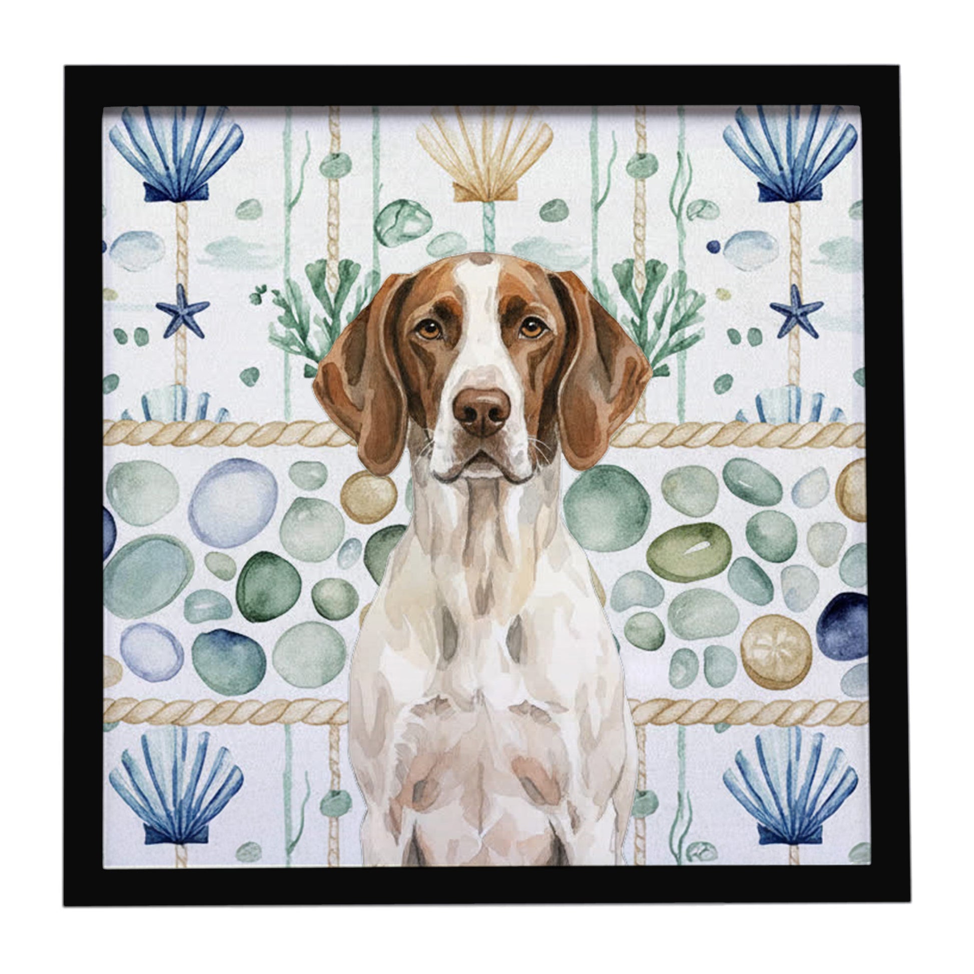 Buy this Liver and White Pointer Coastal Sea Glass Framed Metal Print