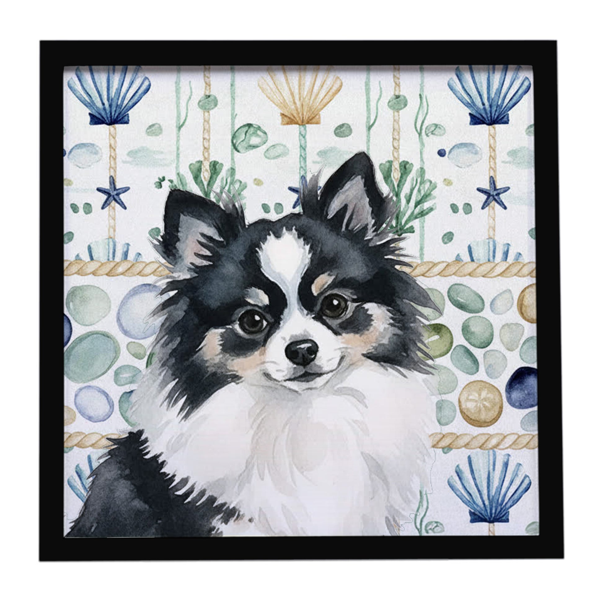 Buy this Black and White Pomeranian Coastal Sea Glass Framed Metal Print