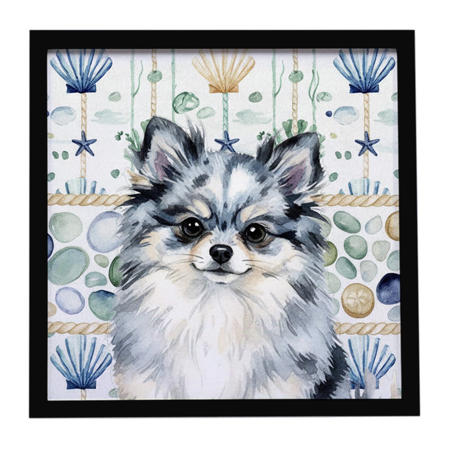 Buy this Blue Merle Pomeranian Coastal Sea Glass Framed Metal Print