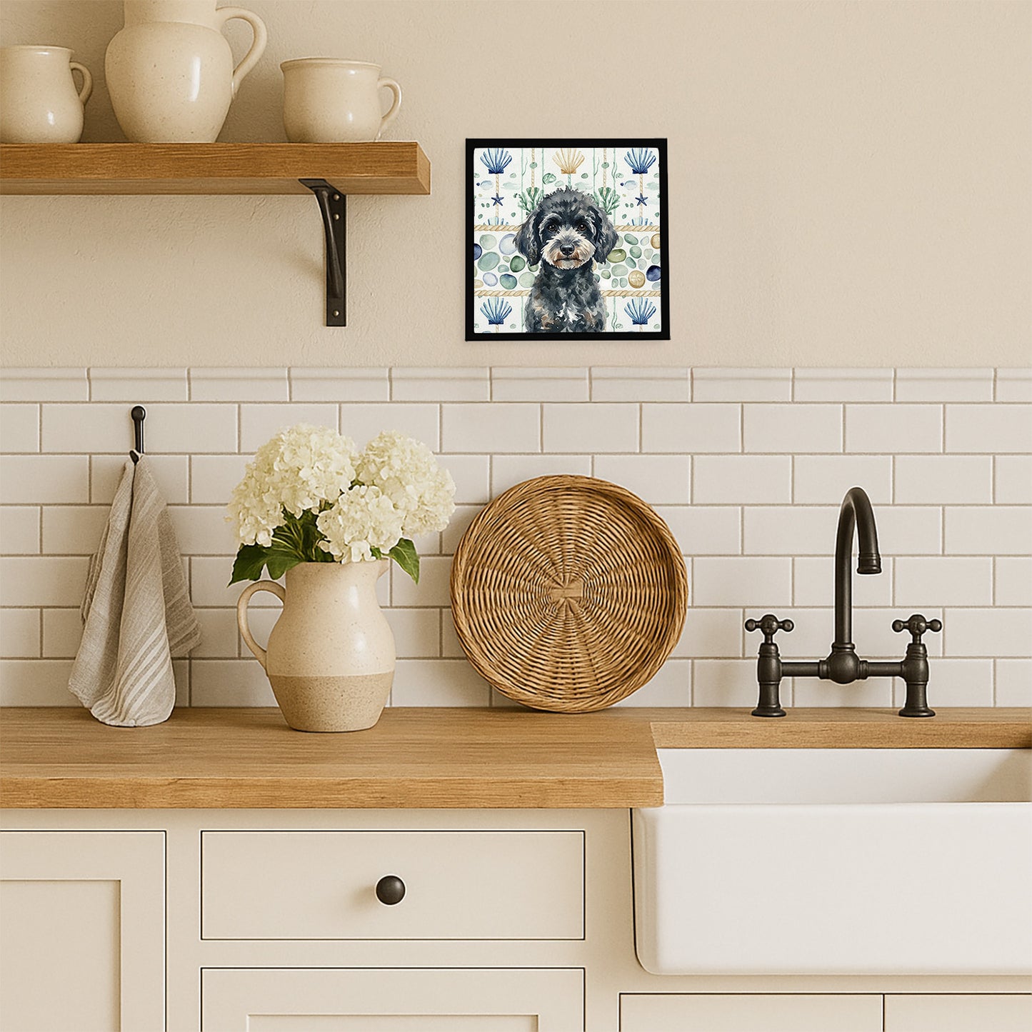 Miniature Black Poodle Coastal Sea Glass Framed Metal Print
