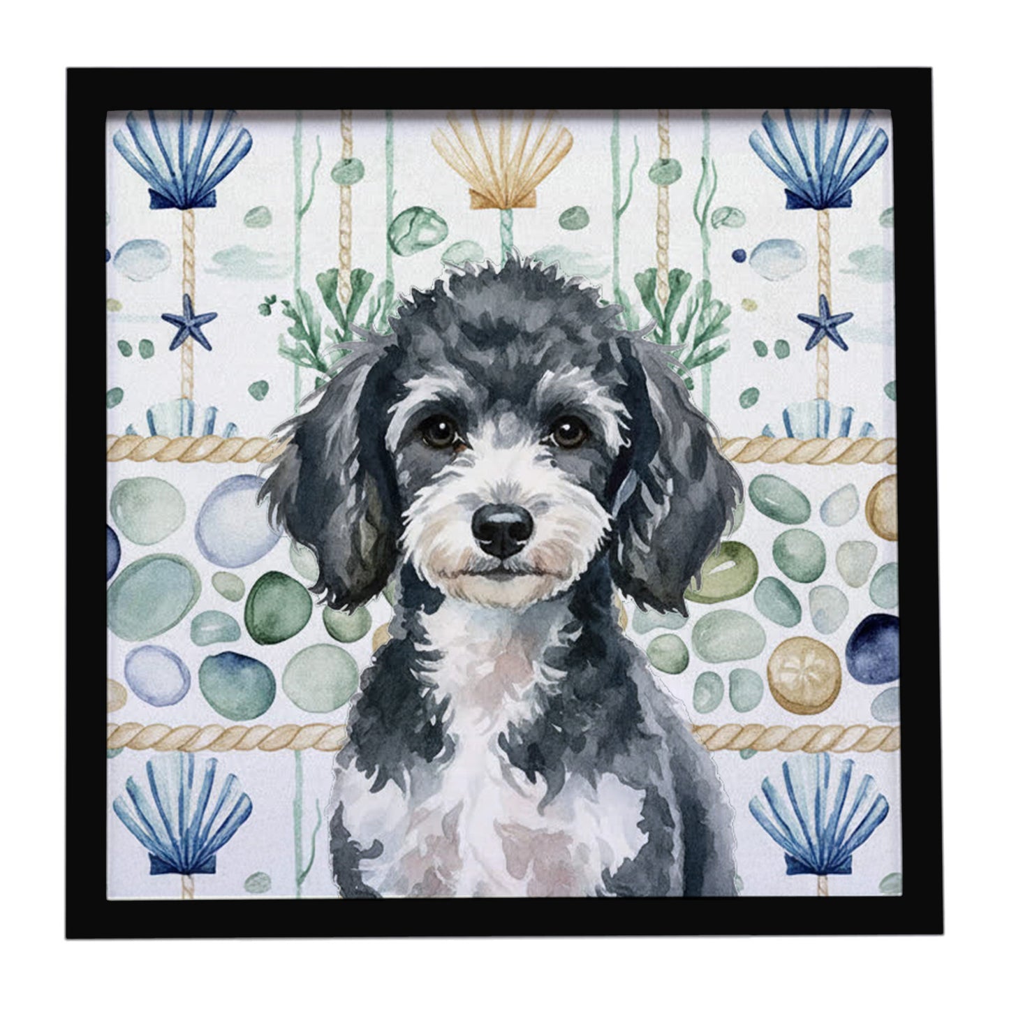 Buy this Miniature Parti Poodle Coastal Sea Glass Framed Metal Print