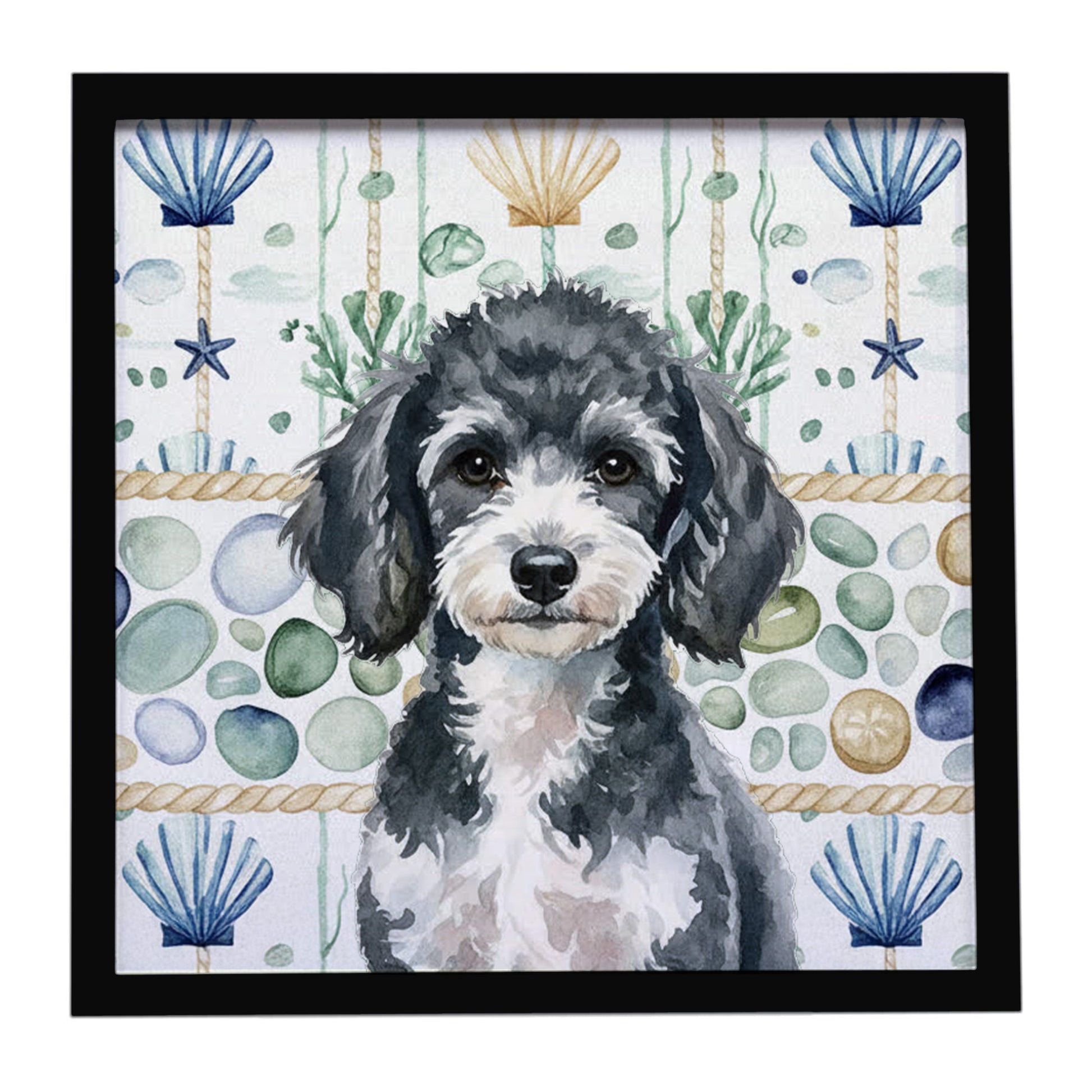 Buy this Miniature Parti Poodle Coastal Sea Glass Framed Metal Print