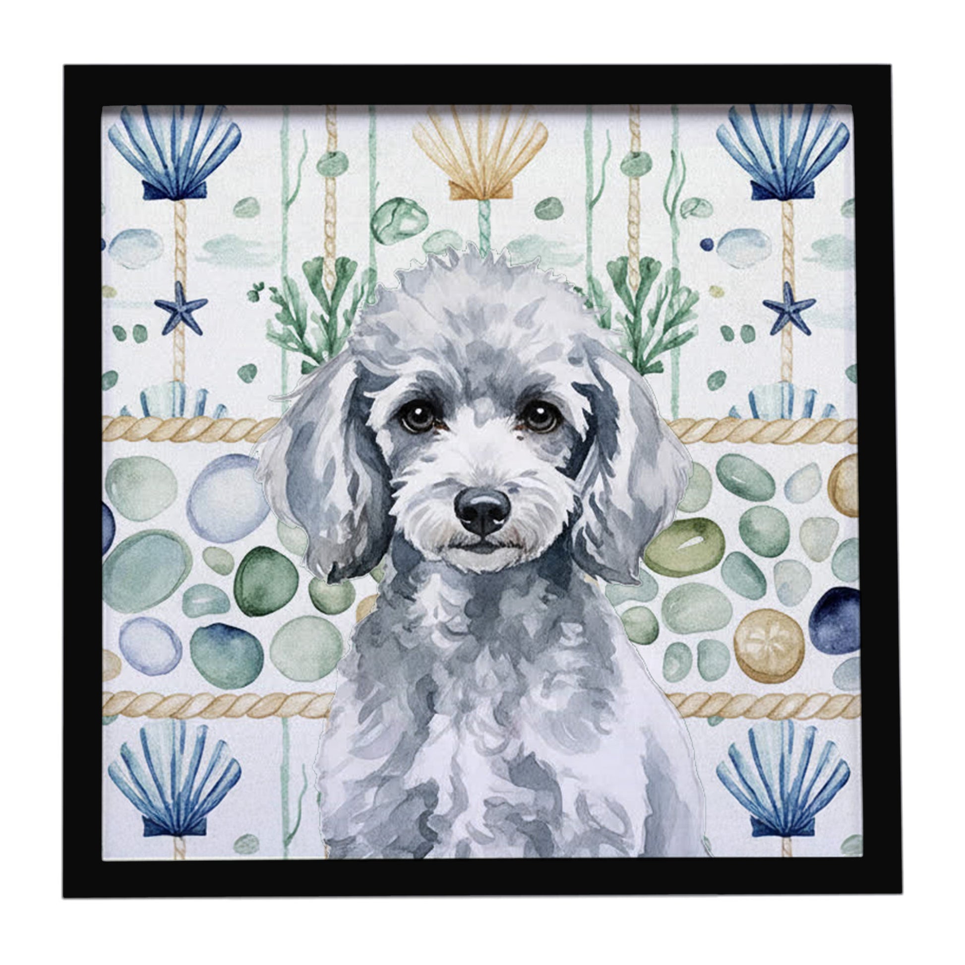 Buy this Miniature Silver Poodle Coastal Sea Glass Framed Metal Print