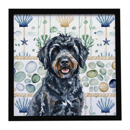 Buy this Black Portuguese Water Dog Coastal Sea Glass Framed Metal Print