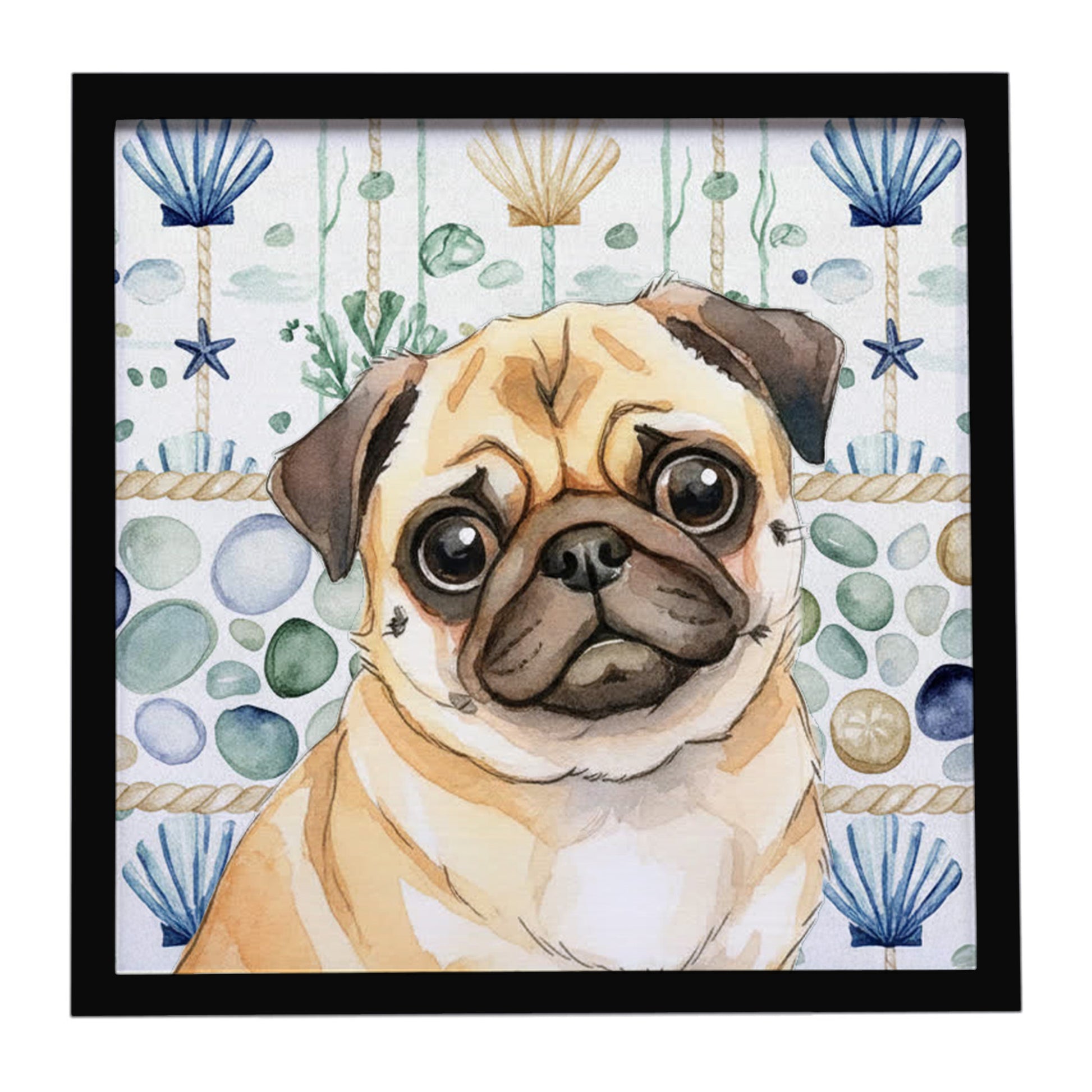 Buy this Fawn Pug Coastal Sea Glass Framed Metal Print