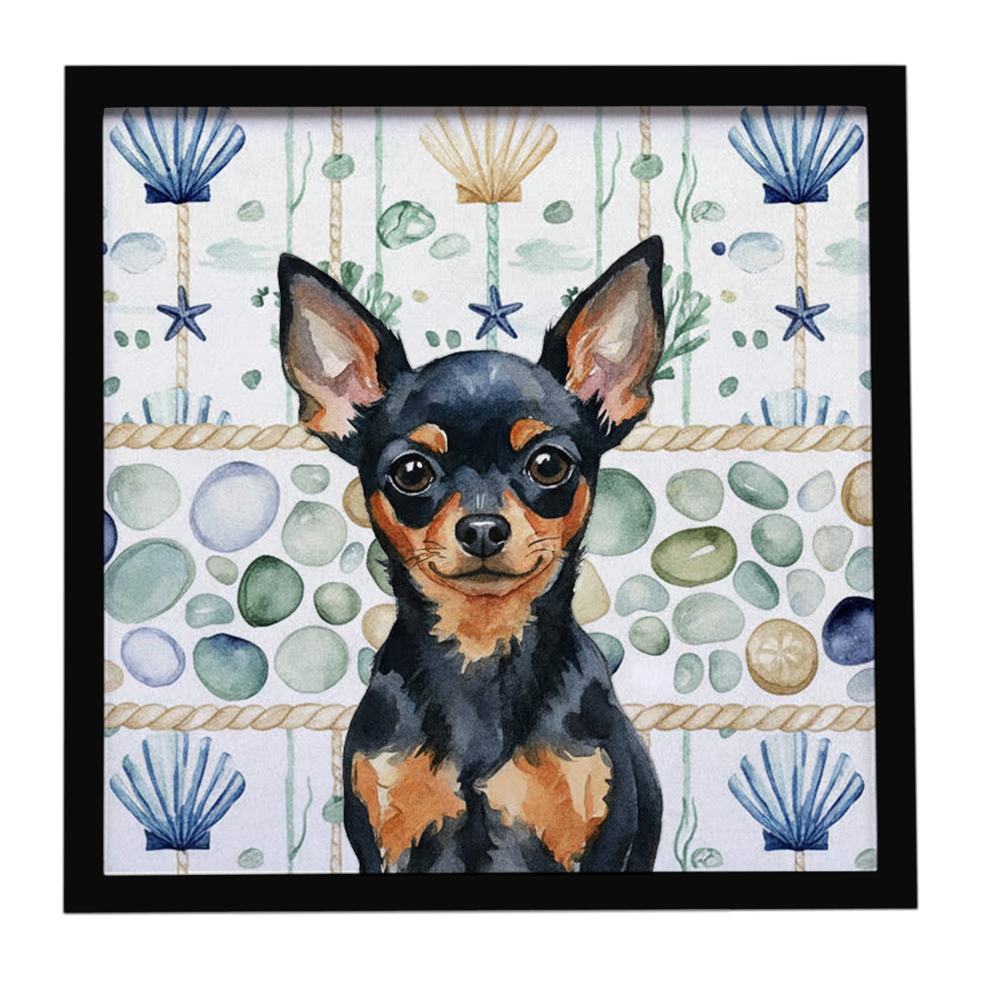 Buy this Black and Tan Russian Toy Coastal Sea Glass Framed Metal Print