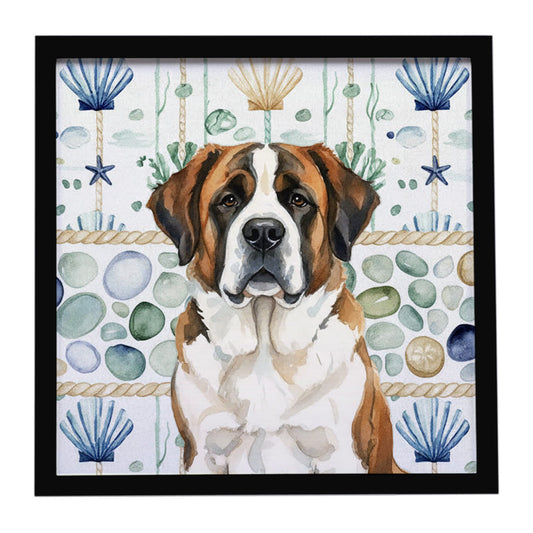Buy this Brindle and White Saint Bernard Coastal Sea Glass Framed Metal Print