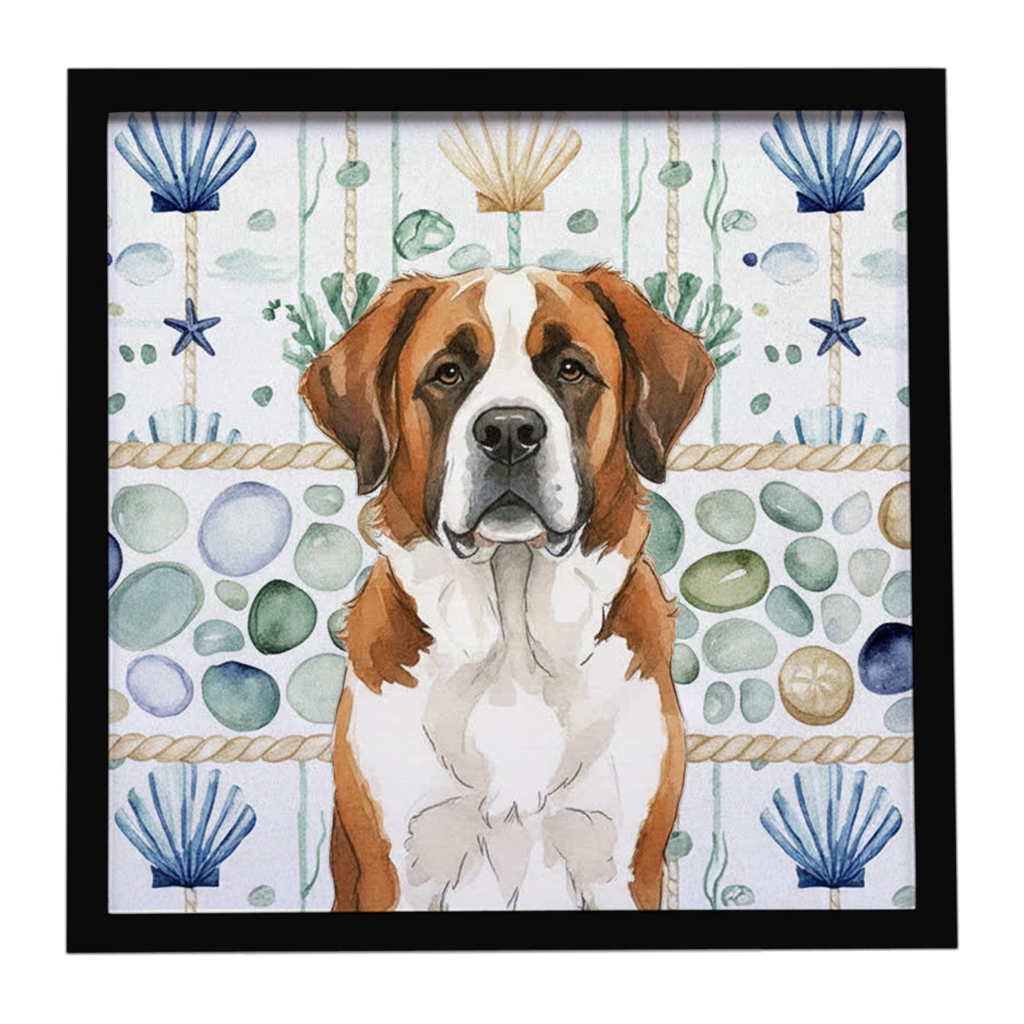 Buy this Brown and White Saint Bernard Coastal Sea Glass Framed Metal Print