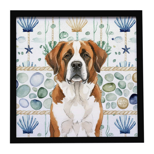 Buy this Brown and White Saint Bernard Coastal Sea Glass Framed Metal Print