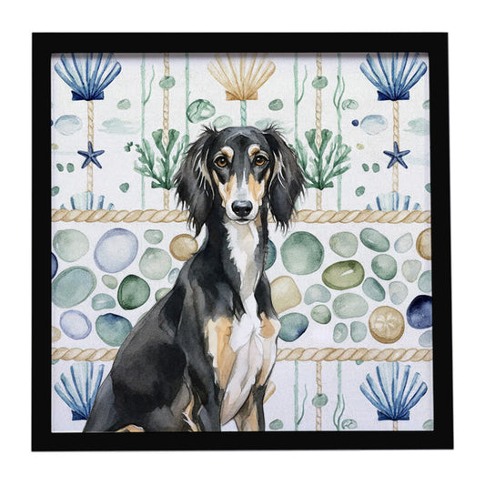 Buy this Black and Tan Saluki Coastal Sea Glass Framed Metal Print