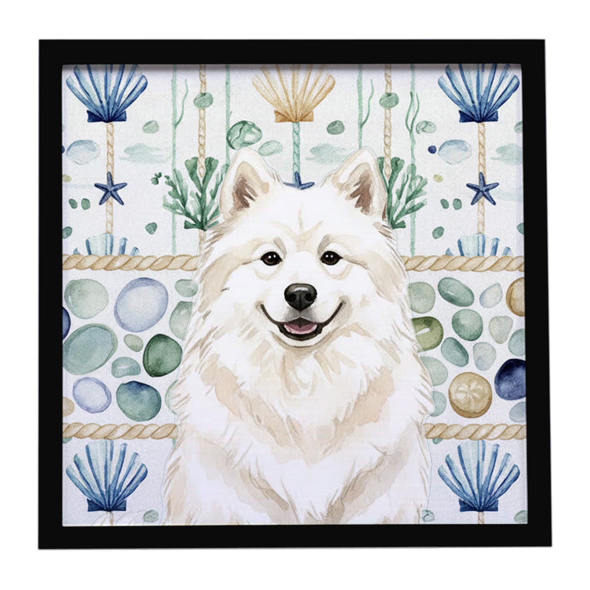 Buy this Cream Samoyed Coastal Sea Glass Framed Metal Print