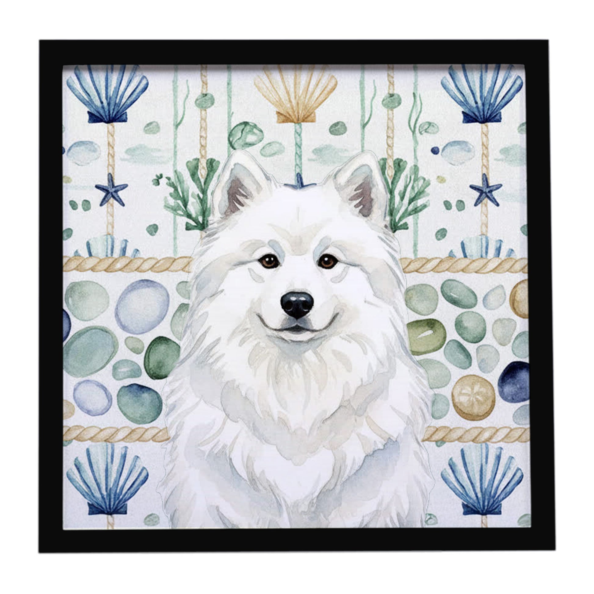 Buy this White Samoyed Coastal Sea Glass Framed Metal Print