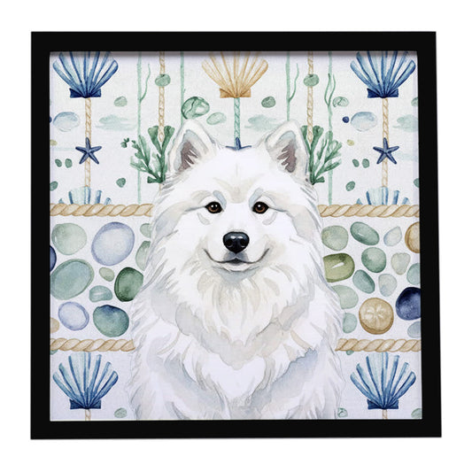 Buy this White Samoyed Coastal Sea Glass Framed Metal Print