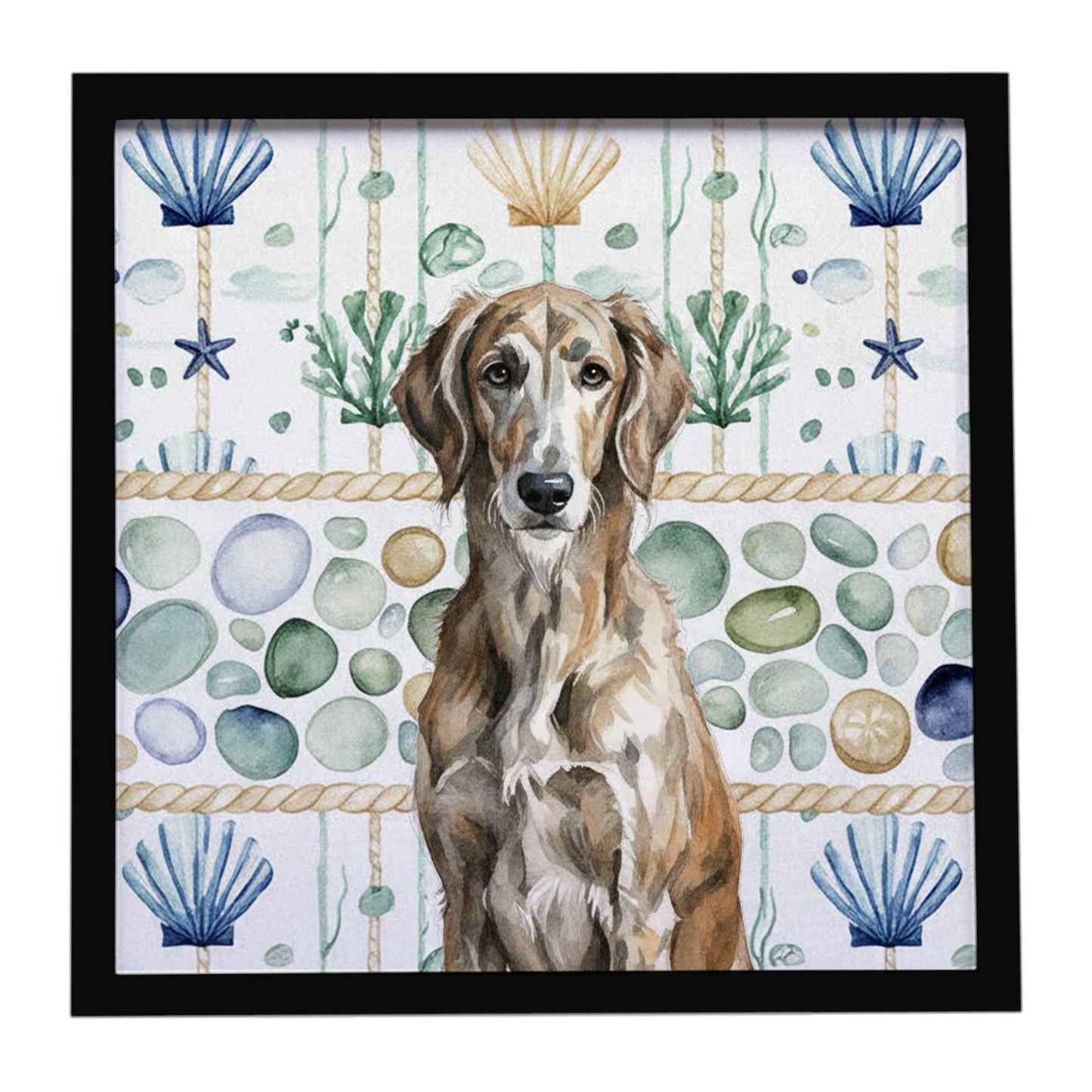 Buy this Brindle Scottish Deerhound Coastal Sea Glass Framed Metal Print