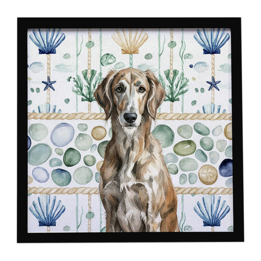 Buy this Brindle Scottish Deerhound Coastal Sea Glass Framed Metal Print