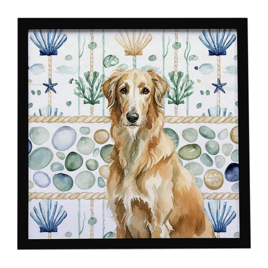 Buy this Wheaten Scottish Deerhound Coastal Sea Glass Framed Metal Print