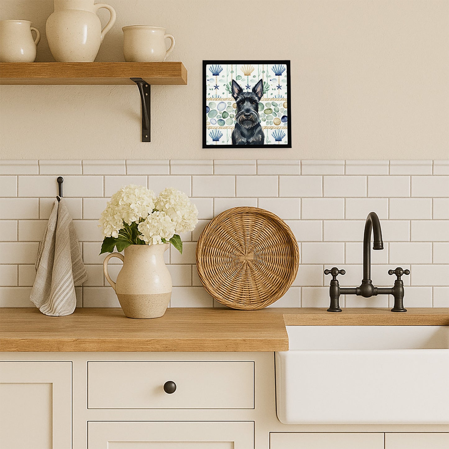 Scottish Terrier Coastal Sea Glass Framed Metal Print