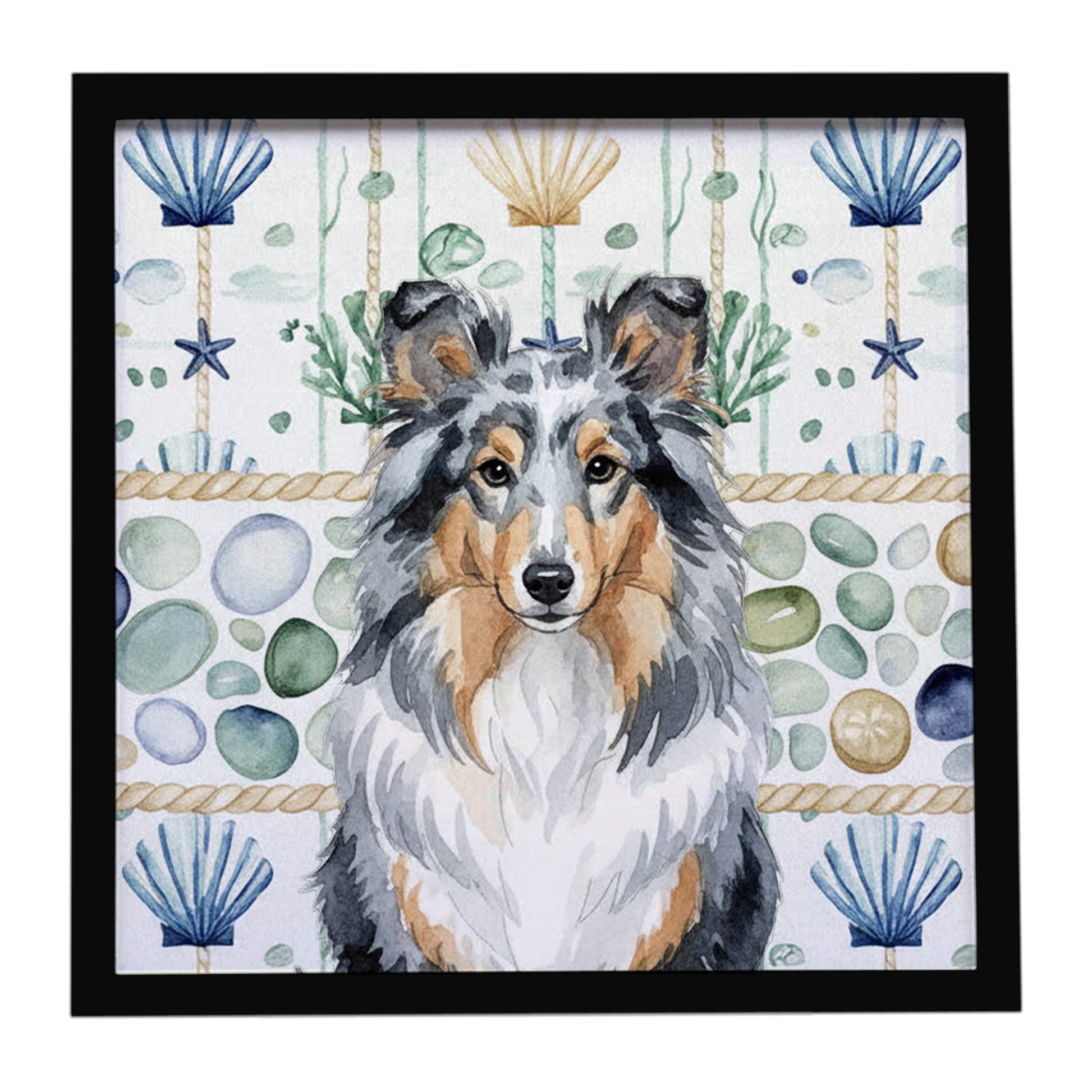 Buy this Blue Merle Sheltie Coastal Sea Glass Framed Metal Print