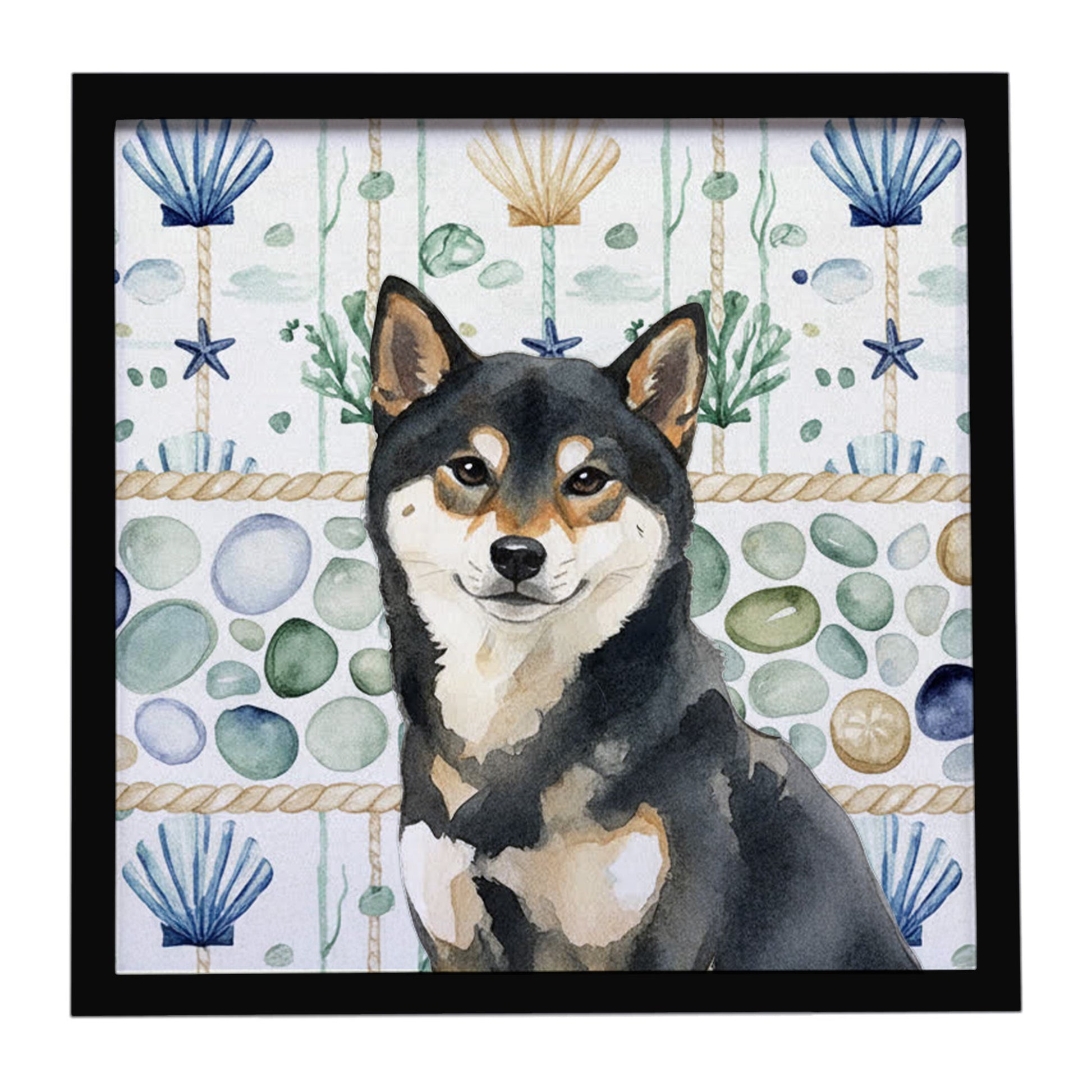 Buy this Black and Tan Shiba Inu Coastal Sea Glass Framed Metal Print