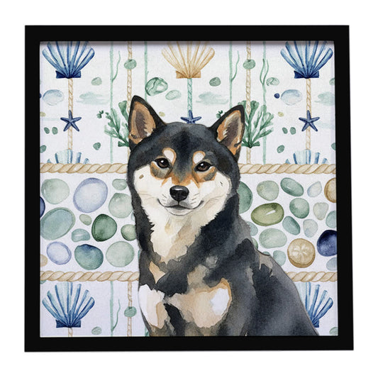 Buy this Black and Tan Shiba Inu Coastal Sea Glass Framed Metal Print