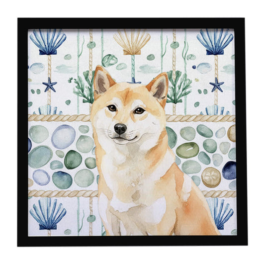 Buy this Cream Shiba Inu Coastal Sea Glass Framed Metal Print
