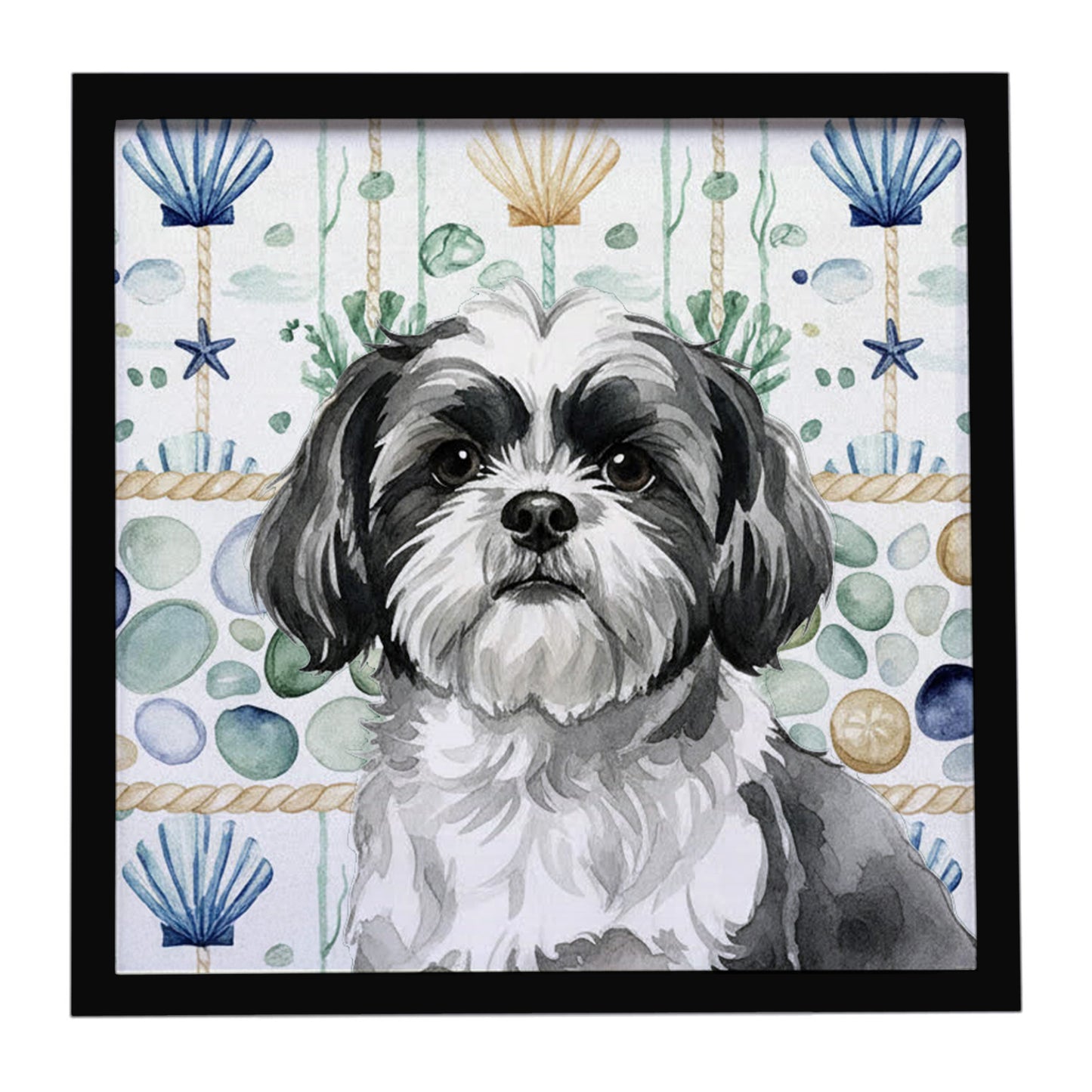 Buy this Black and White Shih Tzu Coastal Sea Glass Framed Metal Print