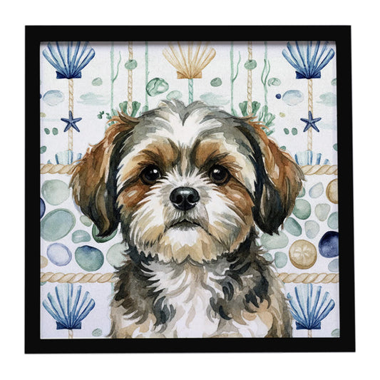 Buy this Brindle Shih Tzu Coastal Sea Glass Framed Metal Print