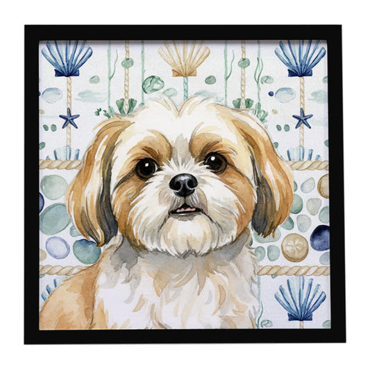 Buy this Gold and White Shih Tzu Coastal Sea Glass Framed Metal Print