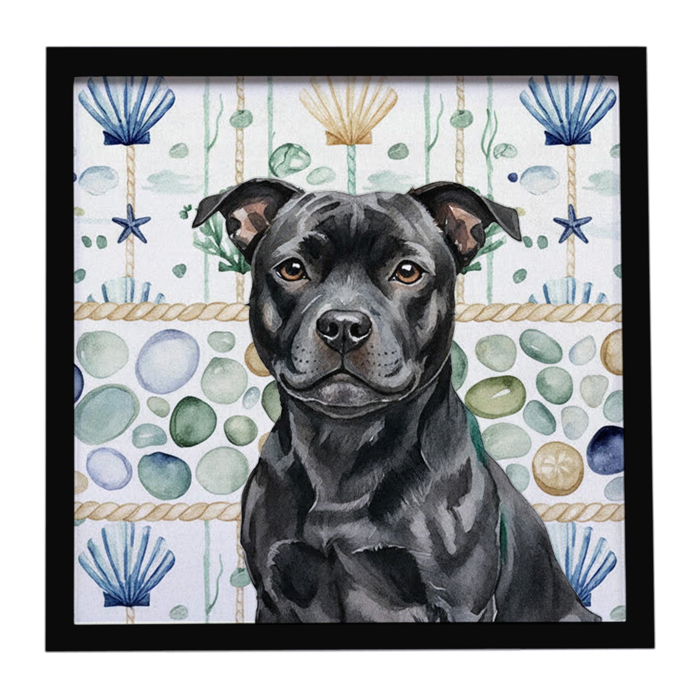 Buy this Black Staffordshire Bull Terrier Coastal Sea Glass Framed Metal Print