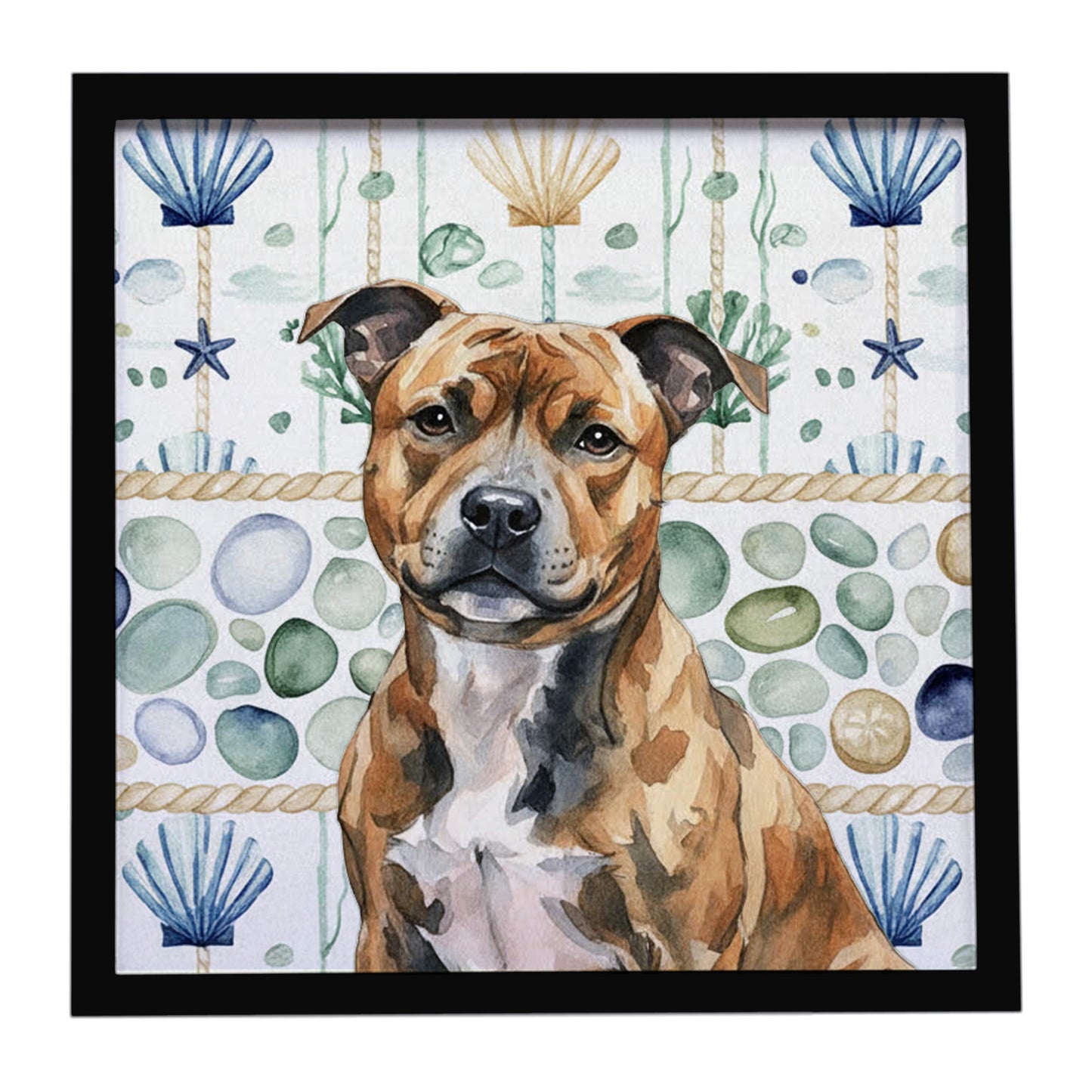 Buy this Brindle Staffordshire Bull Terrier Coastal Sea Glass Framed Metal Print