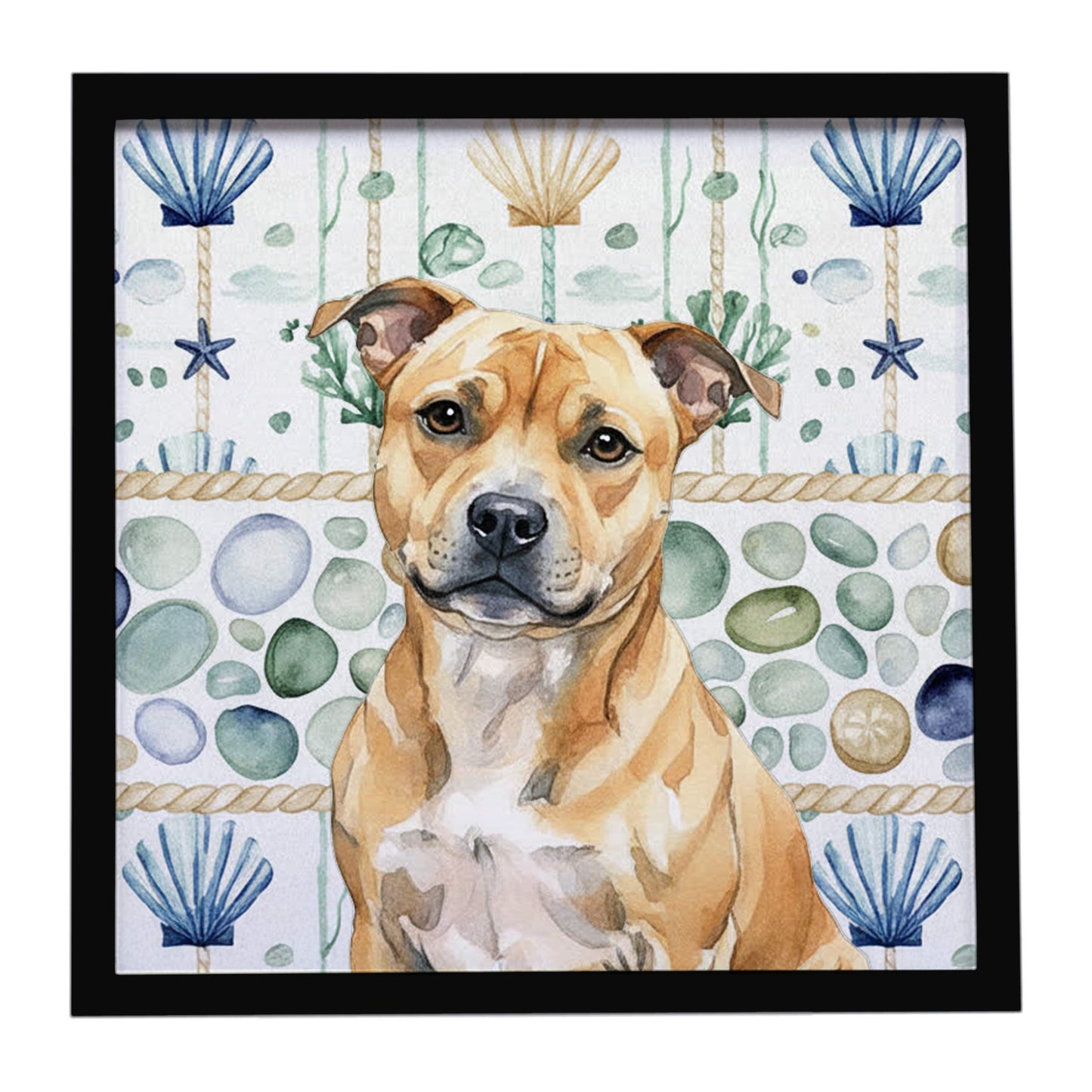 Buy this Fawn Staffordshire Bull Terrier Coastal Sea Glass Framed Metal Print