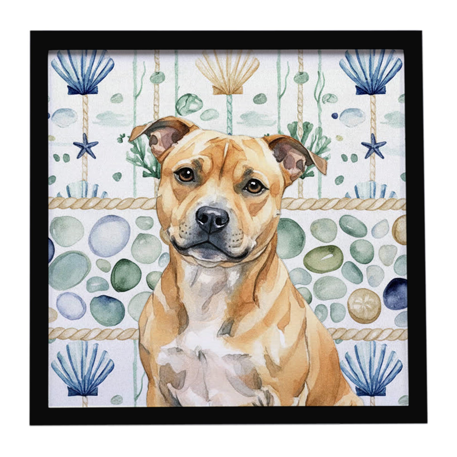 Buy this Fawn Staffordshire Bull Terrier Coastal Sea Glass Framed Metal Print