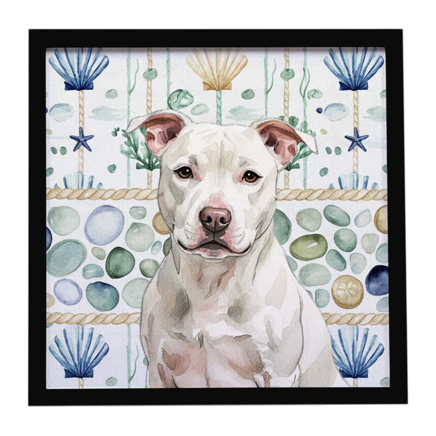 Buy this White Staffordshire Bull Terrier Coastal Sea Glass Framed Metal Print