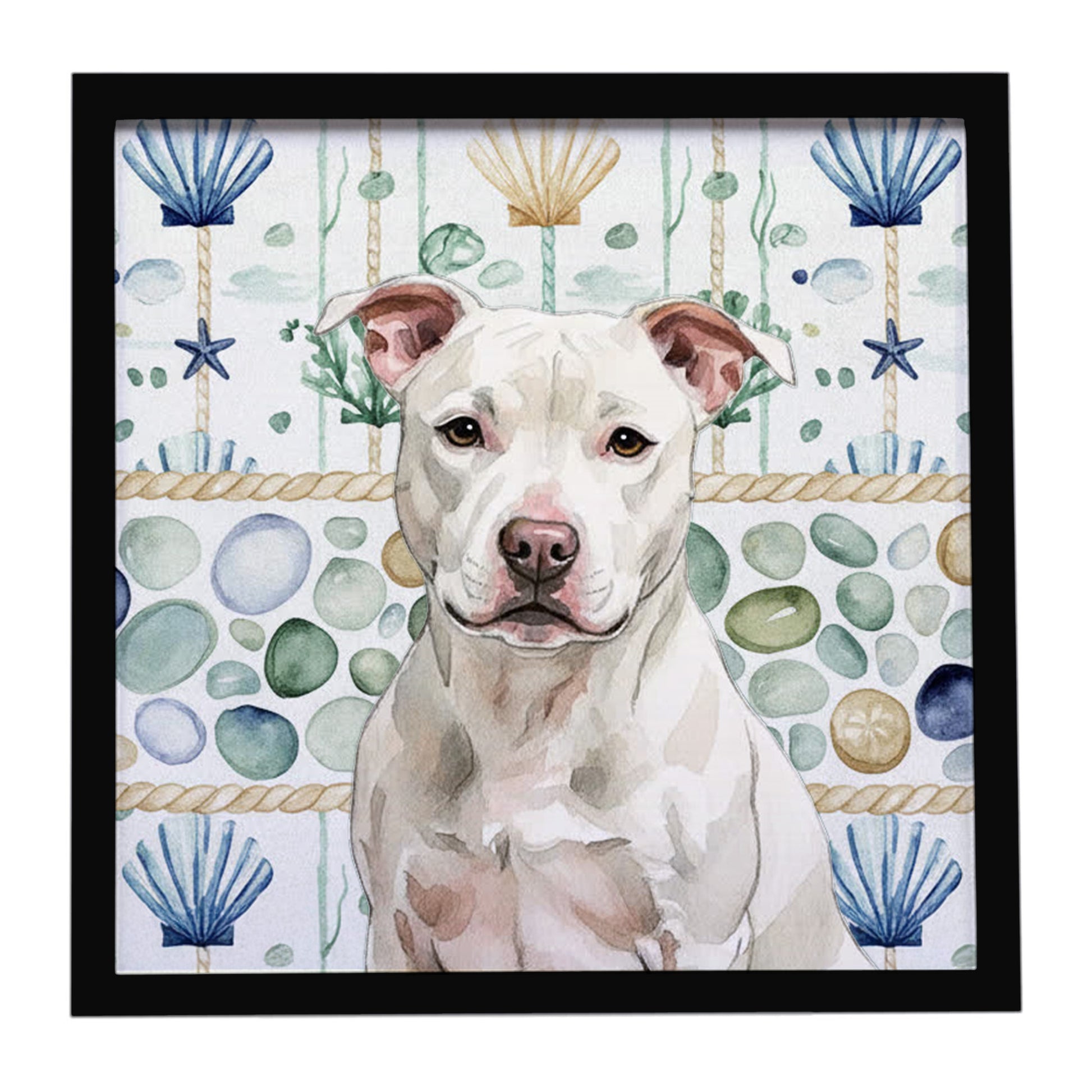 Buy this White Staffordshire Bull Terrier Coastal Sea Glass Framed Metal Print