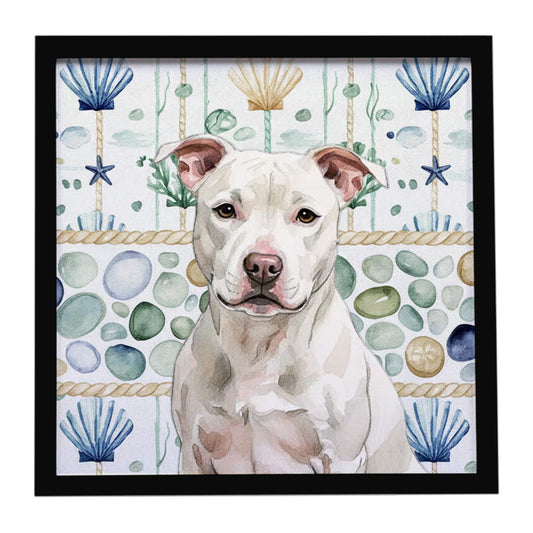 Buy this White Staffordshire Bull Terrier Coastal Sea Glass Framed Metal Print