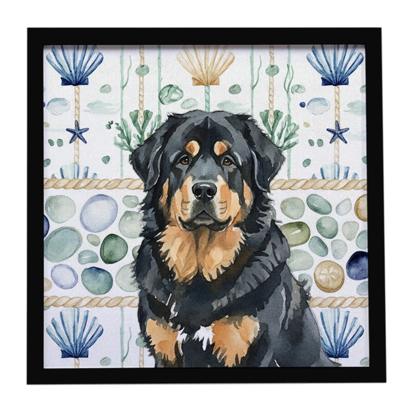 Buy this Black and Tan Tibetan Mastiff Coastal Sea Glass Framed Metal Print