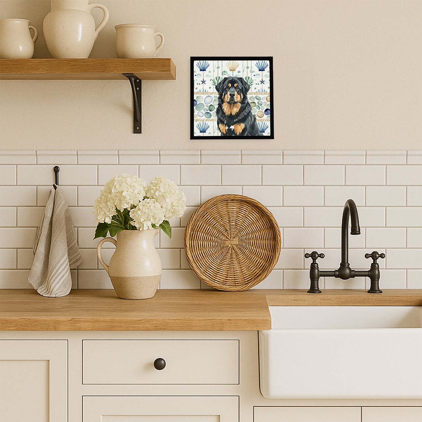 Black and Tan Tibetan Mastiff Coastal Sea Glass Framed Metal Print