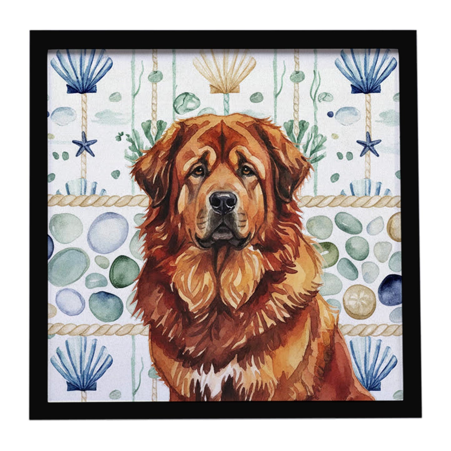 Buy this Red Gold Tibetan Mastiff Coastal Sea Glass Framed Metal Print