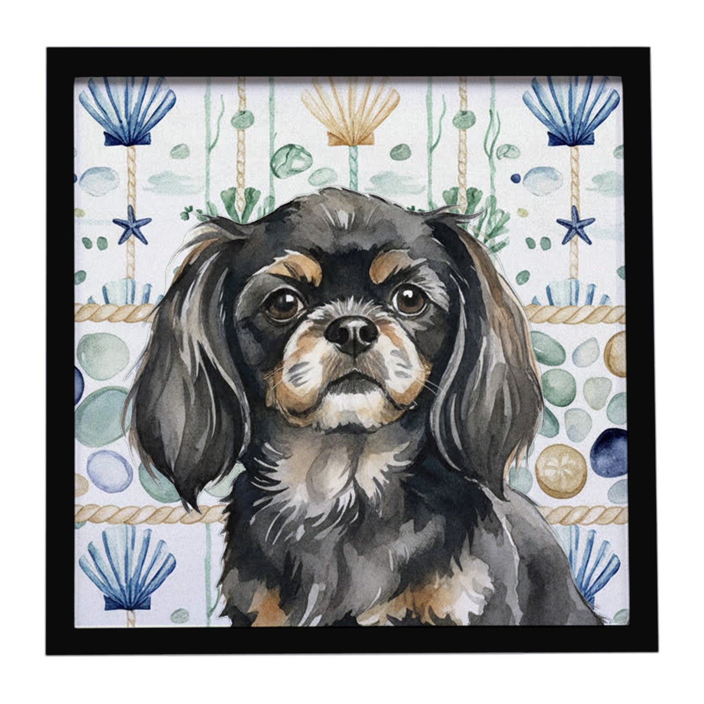 Buy this Black and Tan Tibetan Spaniel Coastal Sea Glass Framed Metal Print