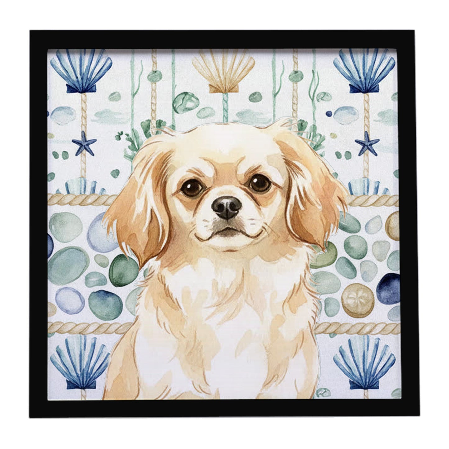 Buy this Cream Tibetan Spaniel Coastal Sea Glass Framed Metal Print