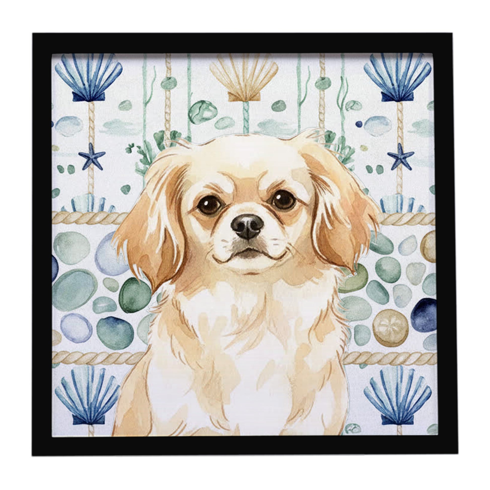 Buy this Cream Tibetan Spaniel Coastal Sea Glass Framed Metal Print