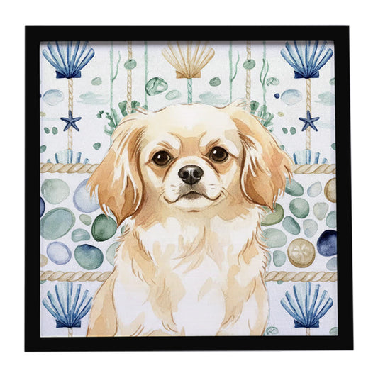 Buy this Cream Tibetan Spaniel Coastal Sea Glass Framed Metal Print