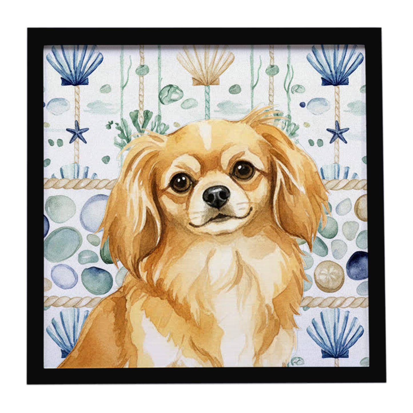 Buy this Gold Tibetan Spaniel Coastal Sea Glass Framed Metal Print