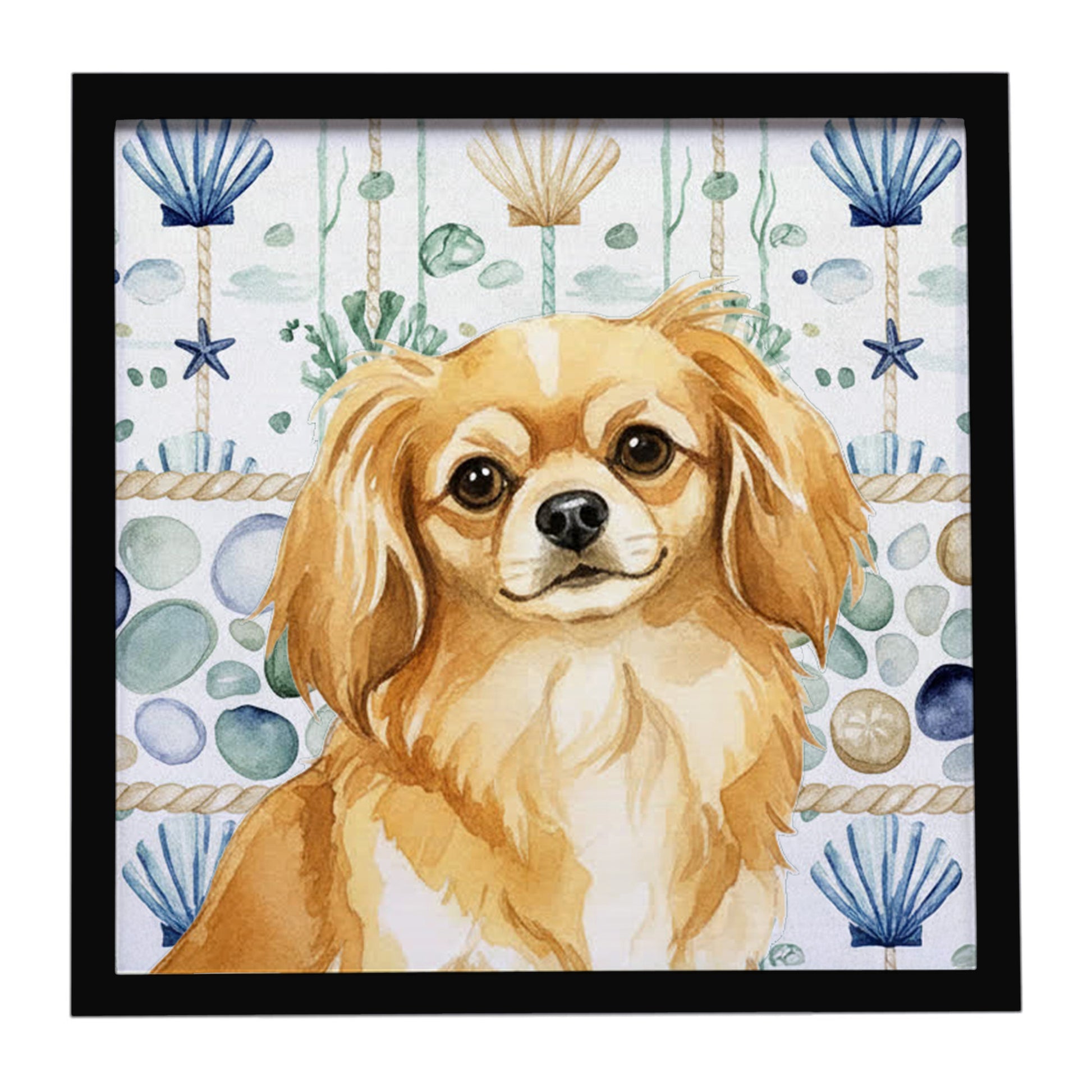 Buy this Gold Tibetan Spaniel Coastal Sea Glass Framed Metal Print
